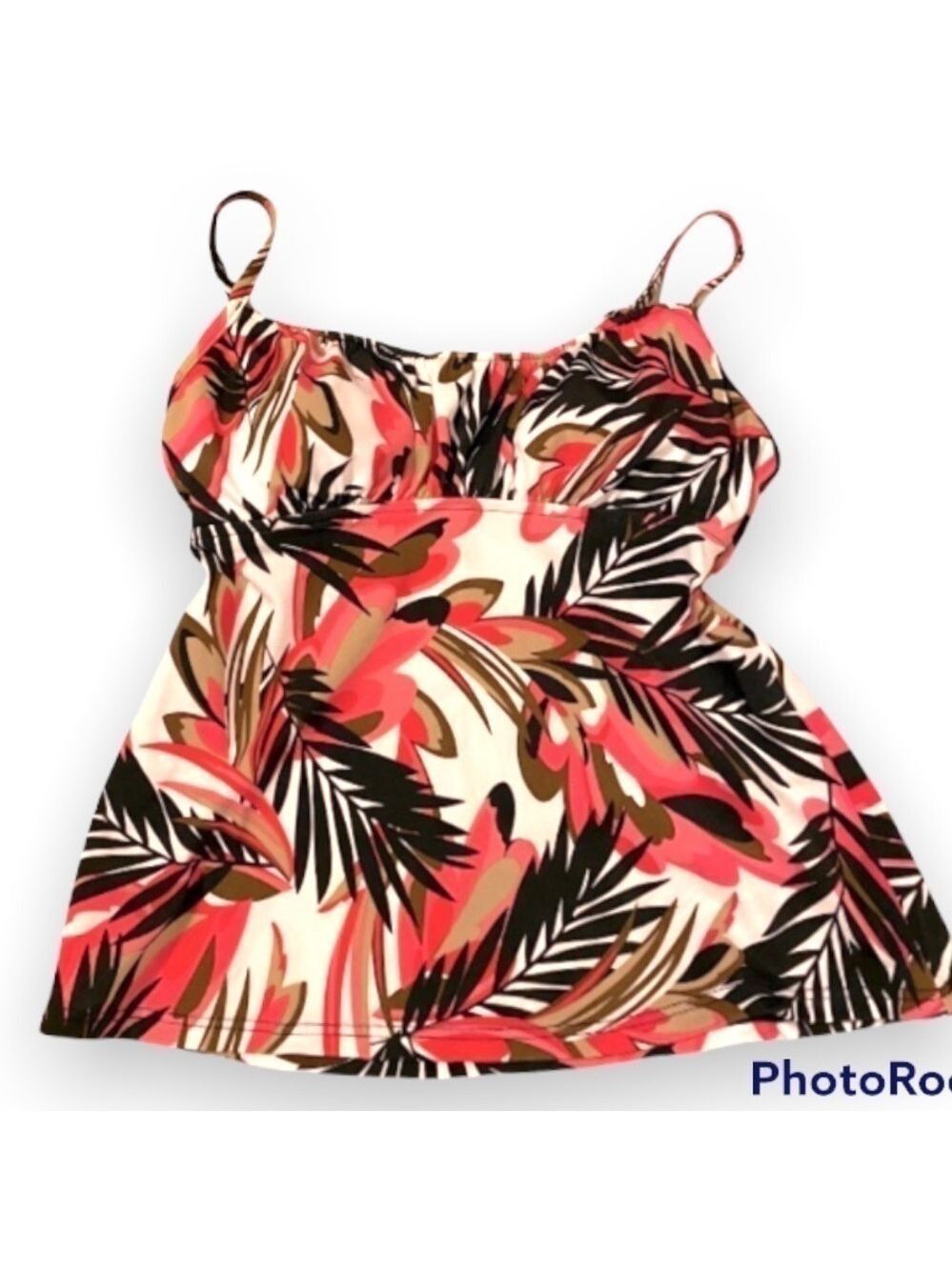 𝅺Tank top. Coral white/gold black tropical print.
